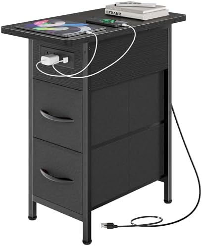 Huuger Narrow End Table with Charging Station, Side Table with 2 Drawers by Huuger