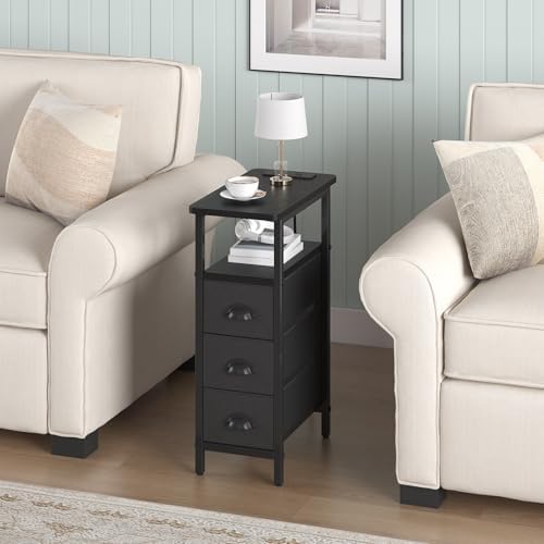 shtmec Narrow End Table Set of 2 with Charging Station, Side Tables Set 2 with Fabric Drawers, Small Bedside Tables Nightstands for Small Space, Slim Sofa Couch Table for Livingroom,Black - Image 2