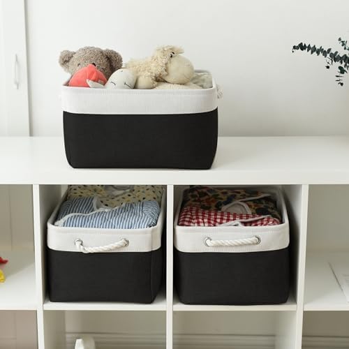 TheWarmHome Storage Basket for Organizing - Large 3 Pack 15.7x11.8x8.3 inch Collapsible Storage Bin for Shelves with Handles Laundry Cube Toy Closet Nursery (Whiet & Black) - Image 3