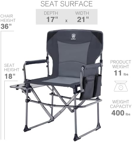 EVER ADVANCED Camping Directors' Chair with Side Table, Portable Folding Chair with Compact Size, Heavy Duty with Pocket for Camping, Lawn, Sports and Fishing, 400lbs, Gray 2 Pack - Image 3