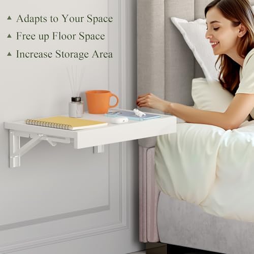 TEAMIX Wall Mounted Folding Bedside Shelf, White Wood Floating Nightstand Table with Heavy-Duty Brackets, 16.5''x12'' Space Saving Bed Side Tray Storage for Bedroom, Living Room, Dorm (White, Basic) - Image 4