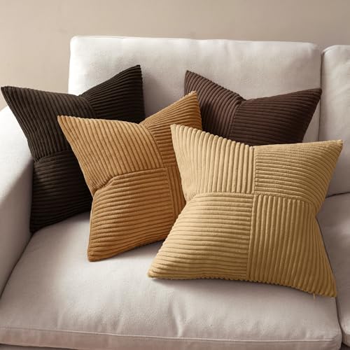 MIULEE Boho Decorative Throw Pillow Covers 18x18 Set of 4 Farmhouse Neutral Cushion Cases Gradient Corduroy Pillow Cases Modern Soft Corduroy Patchwork Home Decor for Couch Sofa Bedroom Camel Brown - Image 3