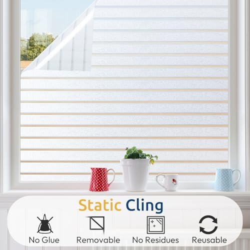 rabbitgoo Window Privacy Film, Frosted Glass Privacy Film, Window Frosting Cling for Glass, Non Adhesive Static Cling Front Door Covring, Anti-UV Reeded Blinds Sticker, Striped Pattern, 11.8" x 78.7" - Image 5