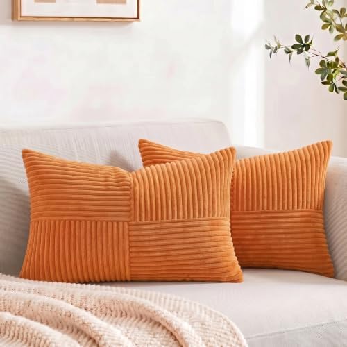 Fancy Homi 2 Packs Orange Lumbar Decorative Throw Pillow Covers 20x28 Inch for Living Room Couch Bed Sofa, Farmhouse Boho Home Decor, Soft Striped Corduroy Rectangle Accent Cushion Case 50x70 cm by Fancy+Homi