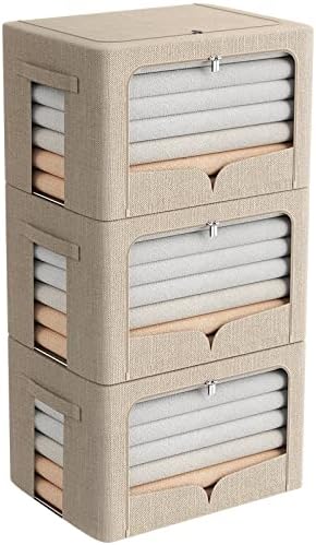 FHSQX 3 Pack Clothes Storage Bins Foldable Metal Frame Storage Box Stackable Linen Fabric Organizer Set with Carrying Handles and Clear Window (Beige, 15.7x11.8x11.8inch(36L)) by FHSQX