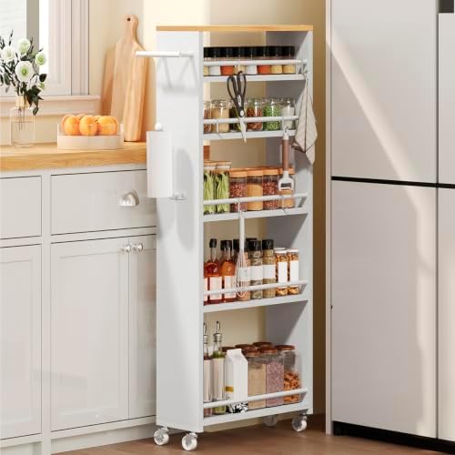 YATINEY 6 Tier Slim Storage Cart, Narrow Kitchen Cart with Wheels, Rolling Utility Cart with Handle and 6 Hooks, Space Saving Organizer for Kitchen, Bathroom, Laundry Room, White BC11WN by Yatiney