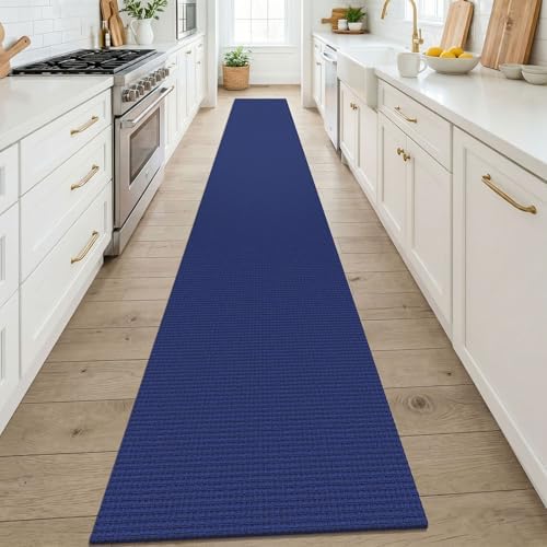 KOZYFLY Cotton 2x14 Runners Rugs for Hallway, Long Washable Runner Rug, Woven Non Slip Kitchen Runner, Flatweave Entryway Rug, Floor Carpet for Entry, Aisle, Hall, Deep Navy Blue by KOZYFLY
