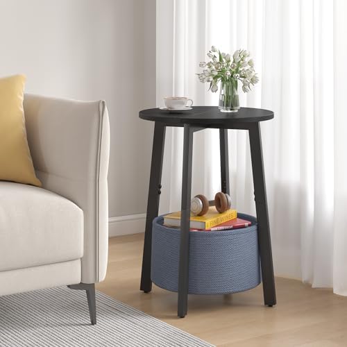 sthmec Small Round Side End Table Set of 2 with Cloth Storage Basket, Round Bedside Sofa Couch Coffee Tables for Small Places with Metal Frame, Modern Nighstands for Living Room Bedroom,Black - Image 2
