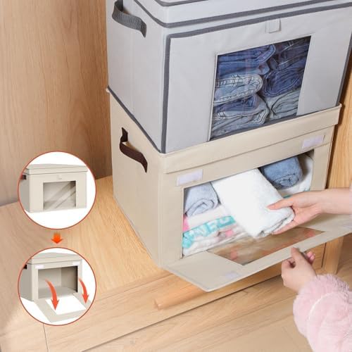 Univivi Front Opening Storage Bins with Lids for Closet, Beige, 4 Pack - Image 6