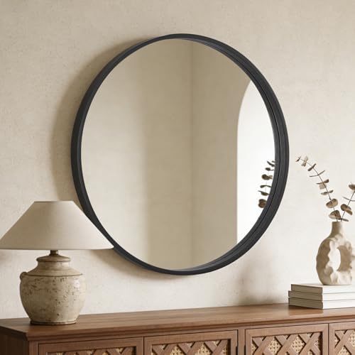 WallBeyond Round Wood Mirror, 32" Round Modern Decoration Large Circle Wall Mirror for Bathroom Living Room Bedroom Entryway, Black - Image 3