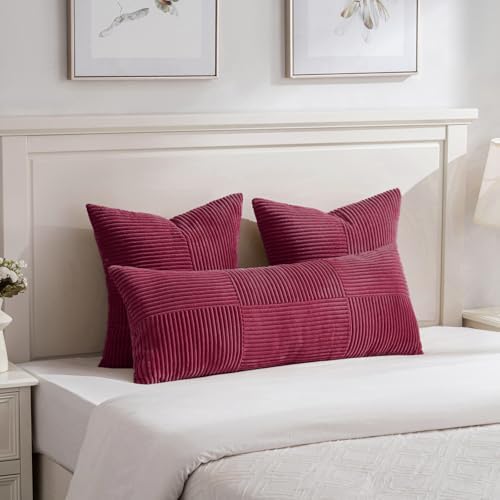 Fancy Homi 2 Packs Burgundy Red Decorative Throw Pillow Covers 16x16 Inch for Living Room Couch Bed, Rustic Farmhouse Boho Home Decor, Soft Corss Patchwork Corduroy Textured Cushion Case 40x40 cm - Image 5
