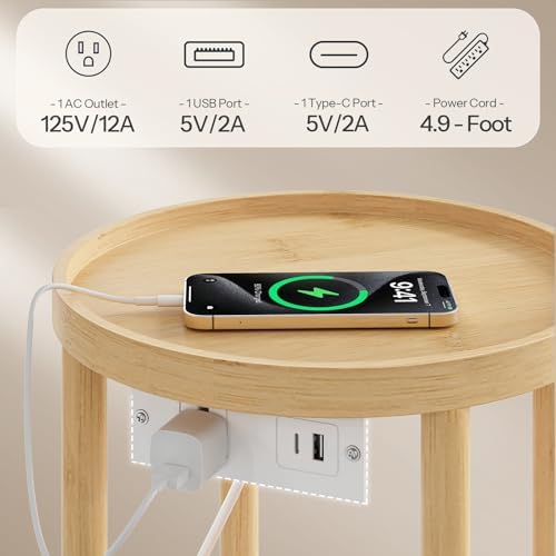 HOOBRO Small Round Side Table with Charging Station, 2-Tier Round Bamboo End Table, Compact Sofa Bedside Table for Small Space, Easy Assembly, for Living Room, Bedroom, Apartment, Natural YL156UBZ01 - Image 4