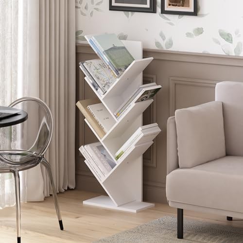 Furinno Tree Book Shelf, 7-Tier Bookshelf with Angled Open Shelf, Tree Bookcase for Room Decor, 8.4 x 15.7 x 39.4, for Organization and Storage, for Living Room, Bedroom, Home Office, White - Image 2