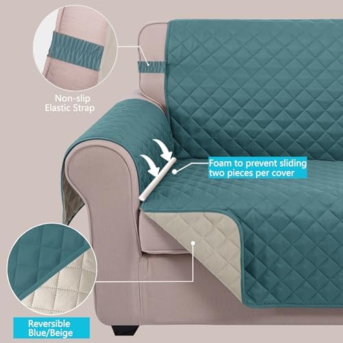 U-NICE HOME Loveseat Sofa Cover for 2 Cushion Couch, Blue/Beige - Image 3
