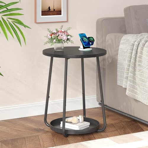 sthmec Small Round Side End Table with Storage, 2 Tier Round Bedside Sofa Couch Coffee Tables with Tray, Metal Nightstand for Small Spaces, Living Room Bedroom, Black - Image 6