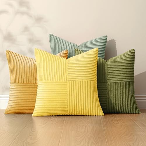MIULEE Boho Farmhouse Spring Decorative Throw Pillow Covers 18x18 Inch 4 Packs Soft Vintage Pillow Cases Modern Corduroy Patchwork Cushion Covers for Couch Sofa Bed Summer Home Decor, Yellow Green - Image 5