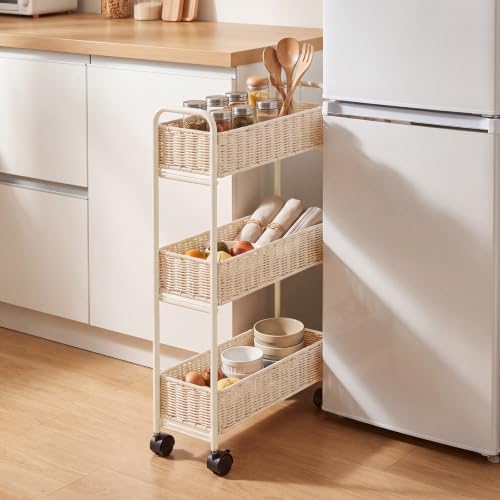 FOCHIER F Utility Slim Storage Cart,3-Tier Rolling Kitchen Office Laundry Room Cart with Wheels,Mobile Shelving Unit Organizer for Living Room,Bathroom, Baby Diaper,Art,Dining Room Narrow Places by FOCHIERF