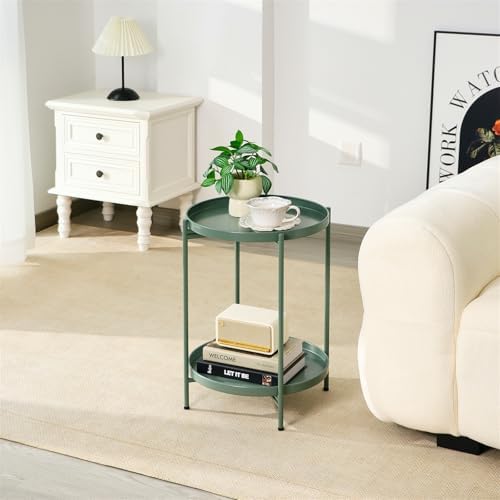 2-Tier Round End Side Table, Small Metal Side Table with Removable Tray, Folding Accent Tables for Living Room, Balcony, Nightstand for Bedroom, Outdoor Tables for Patio, Sage Green - Image 2