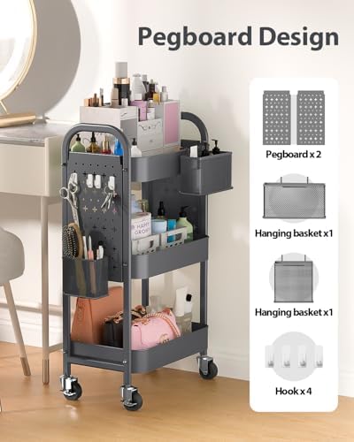 ALVOROG 3 Tier Metal Rolling Utility Cart with Pegboards,Baskets,Hooks,Gray - Image 2