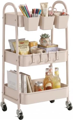 danpinera 3-Tier Rolling Cart, Utility Cart Mobile Metal Rolling Storage Cart with Lockable Wheels & Hanging Cups & Hooks for Kitchen, Bathroom, Office, Workshop, Beige by danpinera