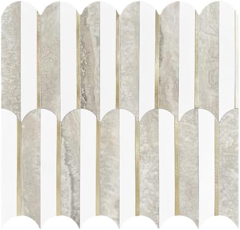 Vamos Tile Peel and Stick Backsplash Seamless Tile,1-Sheet Stick on Backsplash for Kitchen and Bathroom,White and Beige Slate PVC Mixed Metal Gold Self Adhesive Mosaic Tiles by VamosTile