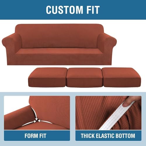 H.VERSAILTEX 4 Piece Stretch Sofa Covers for 3 Cushion Couch Covers for Living Room Furniture Slipcovers (Base Cover Plus 3 Seat Cushion Covers) Thicker Jacquard Fabric (Large Sofa, Rust) - Image 4