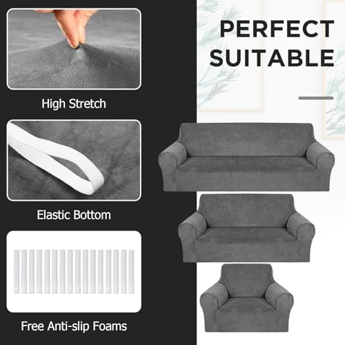Peryiter 3 Pcs Couch and Loveseat Sofa Covers,Dark Gray,Velvet - Image 4