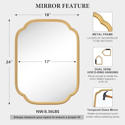 Ferytange Gold Mirrors for Bathroom, 18" x 24" Rectangular Wall Mirror for Bathroom Metal Frame Farmhouse Rounded Corner Wall Mirror (Horizontal/Vertical) - Image 4