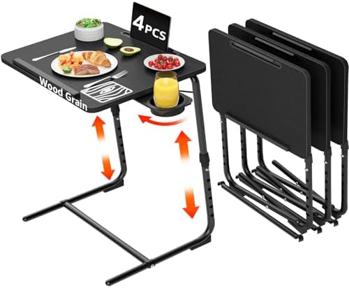 TV Trays Set of 4 - Folding TV Tray Adjustable Dinner Trays for Eating On Couch Wooden Tables Mate Stand Foldable Black Desk with Cup Holder Portable by NUTIKAS