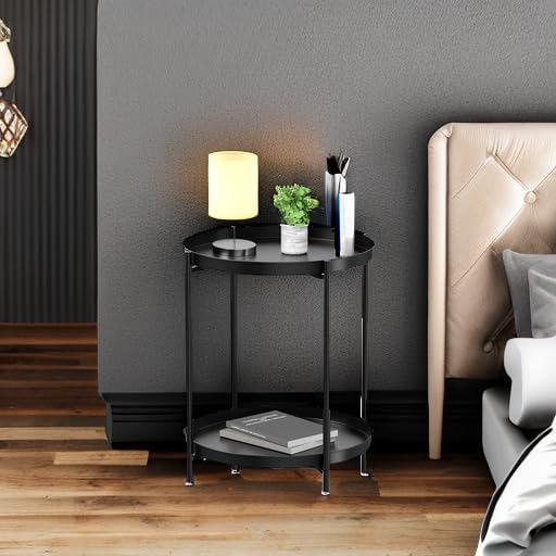 EKNITEY 2 Tier End Table - Metal Side Table with Removable Tray (Black) - Image 6