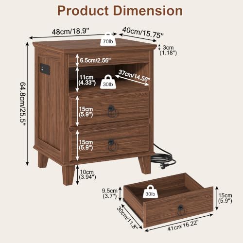 Yusong LED Night Stand with Gun Drawer, Bedside Table with Charging Station, Sofa Couch End Side Table with with 2 Drawers ＆Open Shelf for Bedroom, Brown - Image 2