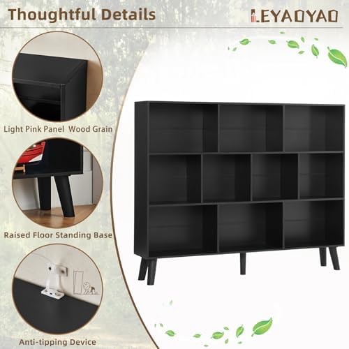 LEYAOYAO 10 Cube Bookshelf, Mid-Century Modern Book Shelf with Legs, Black - Image 5