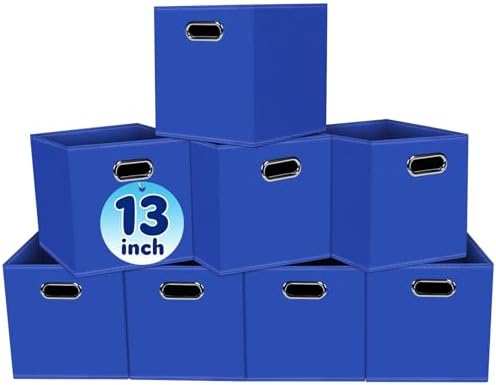 Fabric Cubby Storage Bins,13x13x13 Inches,Cube Organizer Bin Foldable Storage Boxes with Dual Handles Fabric Organizer Box and collapsible Storage basket,Set of 8,Dark Blue by Yunkeeper
