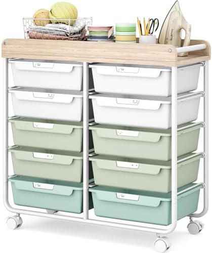 10 Drawer Rolling Storage Cart with Wood Top for Classroom Crafts Green by APEXCHASER