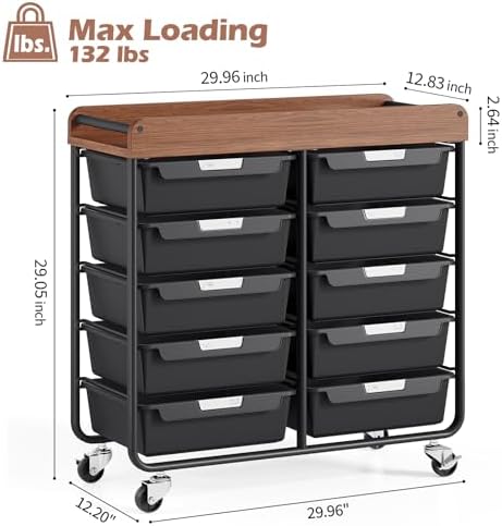 10 Drawers Rolling Cart with Wooden Tabletop, Utility Storage Cart with Wheels, Art Supply Craft Organizer on Wheel with Metal Frame & Handles for Home Office School,Black - Image 3