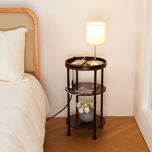 Small Round Side Table with Charging Station for Small Spaces, 3-Tier Accent Table with USB Ports & Power Outlets, Sofa Corner Tea Table for Living Room Nightstand Bedroom Apartment (USB, Cherry) - Image 6