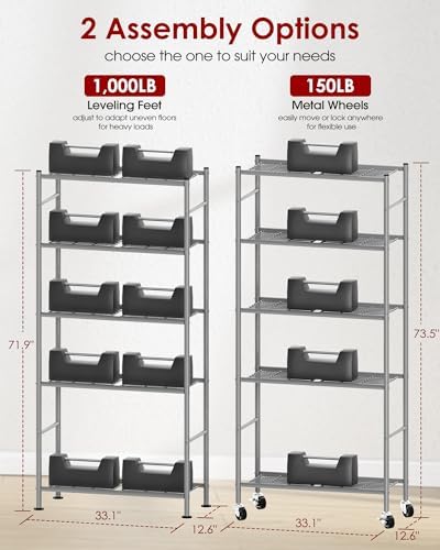 Sakugi 5-Tier Storage Shelves 33.1" x12.6' x73.5 Silver with Wheels - Image 3