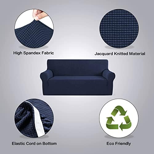 H.VERSAILTEX Stretch Couch Slipcovers for 3 Cushion Couch Soft Sofa Covers Washable Feature Thick Checked Jacquard Fabric with Elastic Bottom, Sofa Large - Navy - Image 4