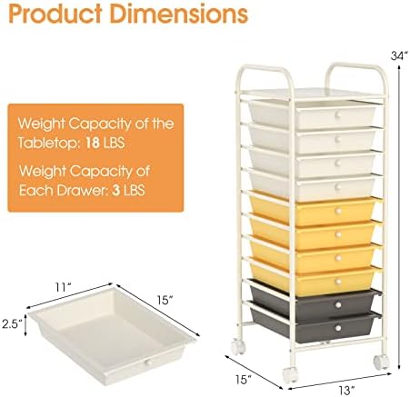 MEDIMALL 10 Drawers Rolling Storage Cart, Multipurpose Craft Storage Cart with Wheels, Mobile Tools Scrapbook Paper Organizer Cart for Office School Home Use (Yellow) - Image 3