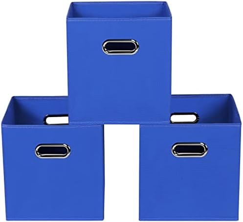 Dark Blue Fabric Storage Bins, Set of 3, 11x11x11, Foldable Cube Bins for Cloth or Accessory Storage by Yunkeeper