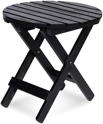 Shine Company Round Wooden Folding Solid Wood Side Table, Outdoor Adirondack Small Patio Table, Black by ShineCompany