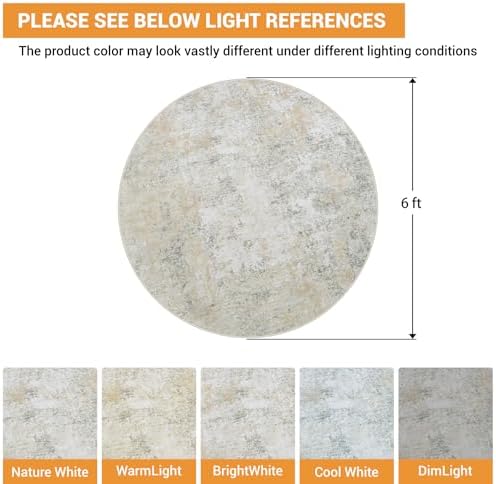 Aelenmu Round Rug 6ft Washable Rug for Dining Room Living Room Beige Grey - Image 2