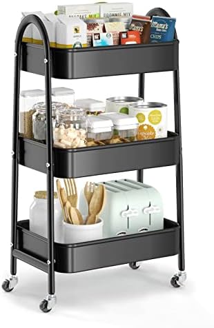 EAGMAK 3 Tier Utility Rolling Cart, Metal Storage Cart with Handle and Lockable Wheels, Multifunctional Storage Organizer Trolley with Mesh Baskets for Kitchen, Living Room, Office, Garage (Black) by EAGMAK