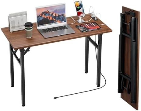 TEMI Small Computer Desk Folding Table - No Assembly, Compact 43.3" Foldable Desk with Power Outlets & USB Charging Port, Portable Small Office Desk, Ideal Mini Study Table for Narrow Spaces, Walunt by TEMI