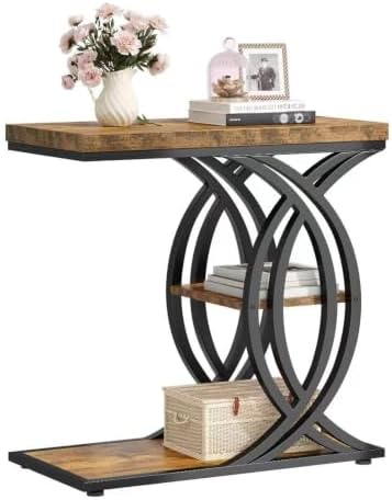 C Shaped End Table, Bed Side Table, 3-Tier Side Table with Metal Frame, Wood End Table with Storage for Living Room, Couch, Sofa, Bedroom, Easy Assembly, 23.6" D*11.8" W*23.6" H, Rustic Brown - Image 4