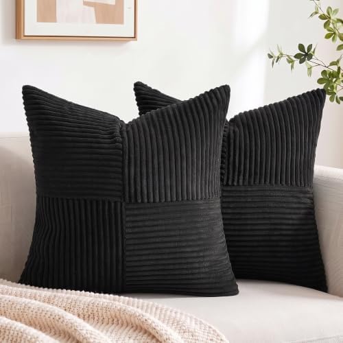 Fancy Homi 2 Packs Black Samll Decorative Throw Pillow Covers 12x12 Inch with for Couch Bed Sofa, Rustic Farmhouse Boho Home Decor, Soft Corss Patchwork Corduroy Square Cushion Case 30x30 cm by Fancy+Homi