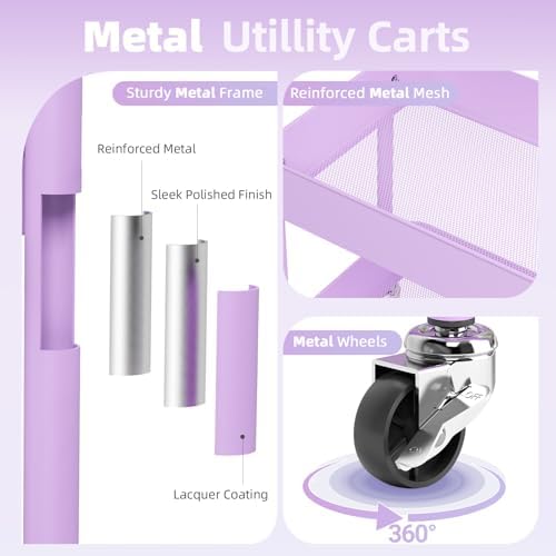 KINGRACK 3 Tier Metal Rolling Cart with Drawer, Purple Utility Storage Cart | 2 Cups & 4 Hooks, Lockable Wheels, Trolley Organizer for Bathroom, Kitchen, Office, Nursery, Dorm, Laundry, Craft Room - Image 4