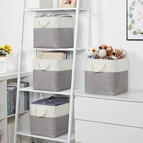 Temary Fabric Storage Baskets for Organizing, Grey Basket for Shelves, Collapsible Baskets with Handles for Shelves, Home, Closet (White&Gray) - Image 2
