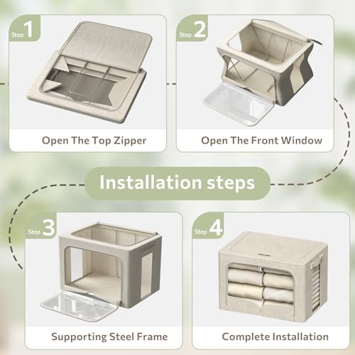 FHSQX 3 Pack Clothes Storage Bins Foldable Metal Frame Storage Box Stackable Linen Fabric Organizer Set with Carrying Handles and Clear Window (Beige, 15.7x11.8x11.8inch(36L)) - Image 3