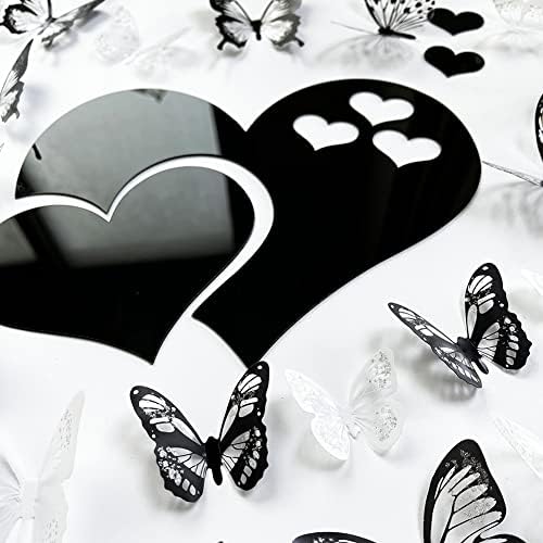 3D Crystal Butterfly and Acrylic Mirror Hearts Wall Stickers with Adhesive Art Decal Satin Paper Baby Kids Bedroom Home DIY Decor Removable Stickers (36 Butterfly and Black Heart) - Image 2